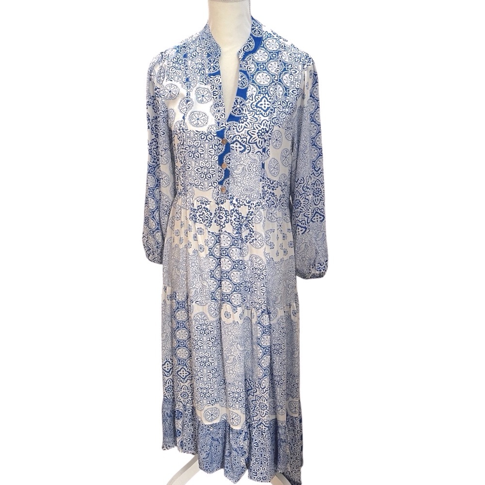 Zara Blue & White Patchwork Print Tiered Maxi Dress, size M - Picture 5 of 9